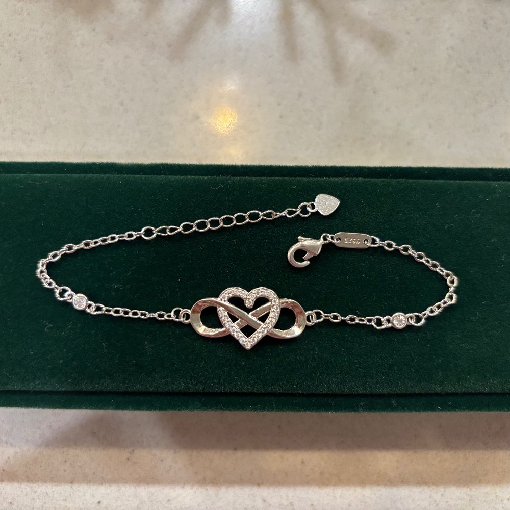 Adjustable Sterling Silver CZ Infinity Valentine Friendship Heart Bracelet